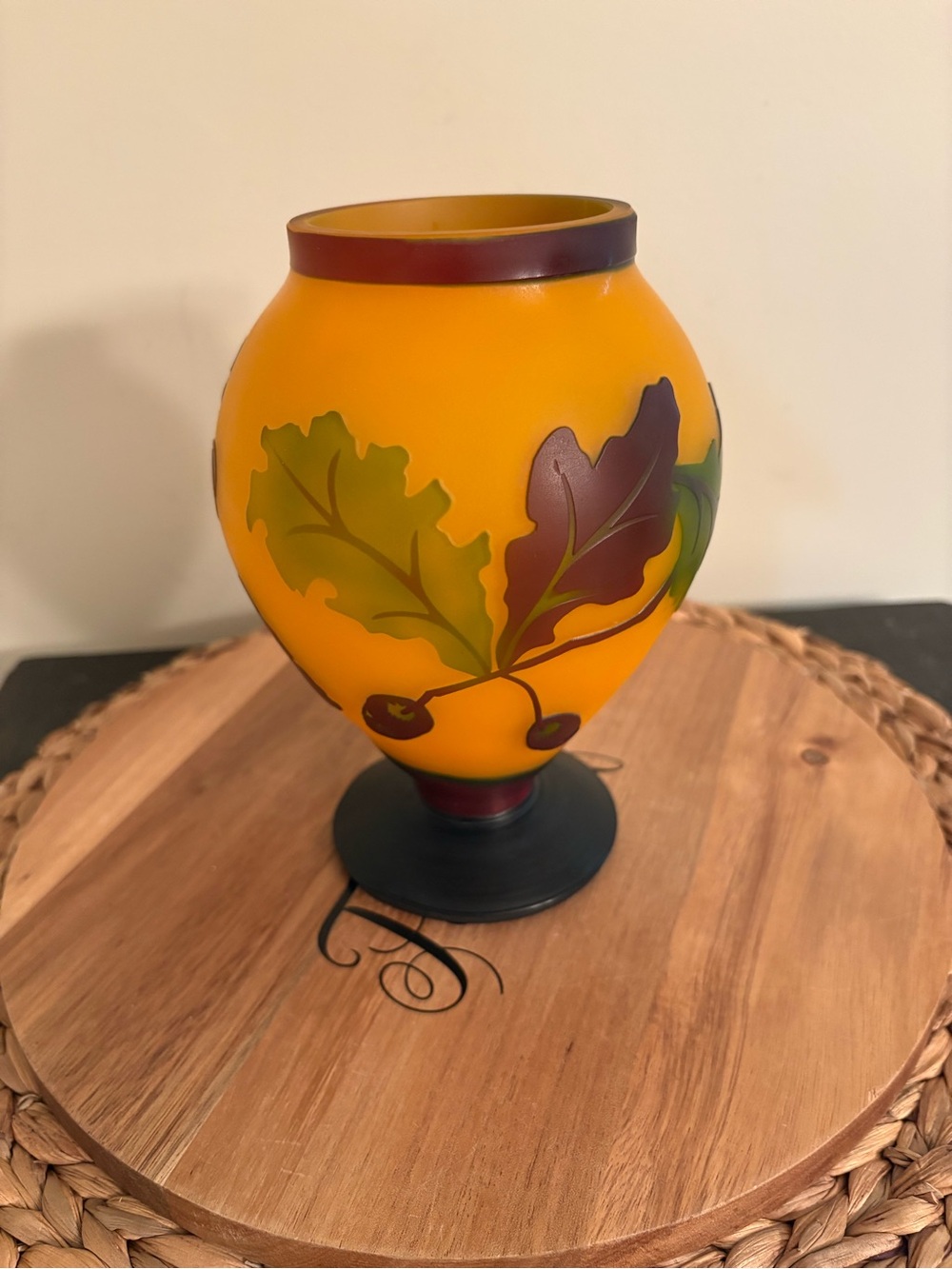 Hand-Painted Amber Glass Vase with Oak Leaf Motif